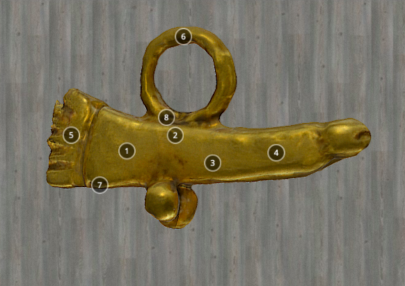 Modelo 3D del Amuleto fálico en oro (siglo I d. C.). Museo Virtual de Los Bañales. 